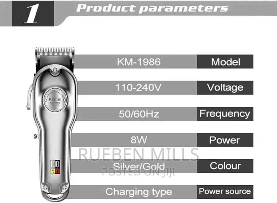 Silver Kemei KM-1986 Full Metal Cordless Hair Clipper