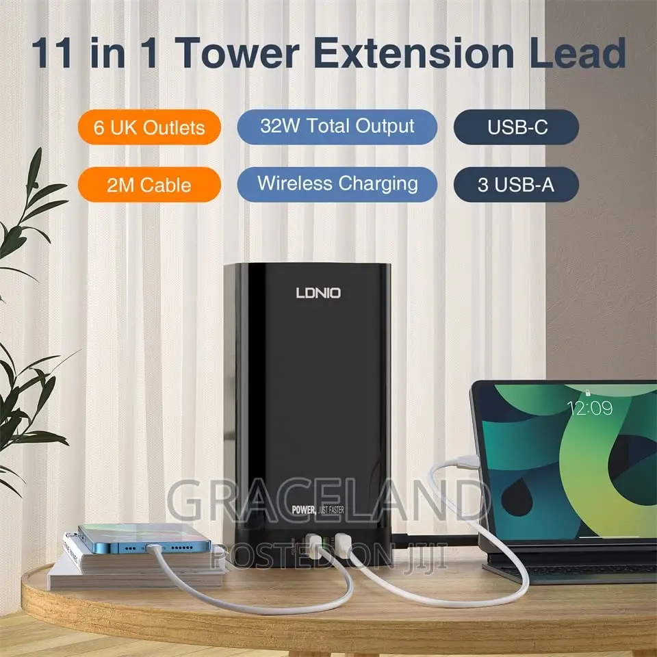 Tower Multi Power Strip Vertical Plug 11 Way Outlets Sockets