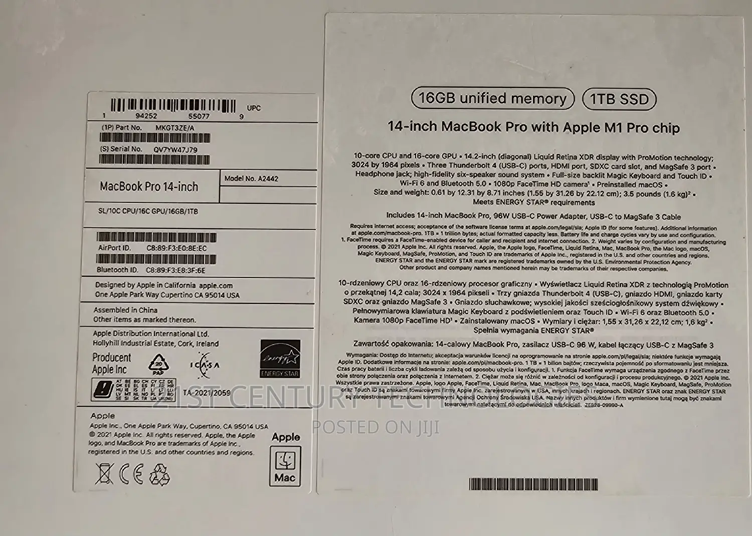 Laptop Apple MacBook Pro M1 16GB Apple M1 Pro SSD 1T