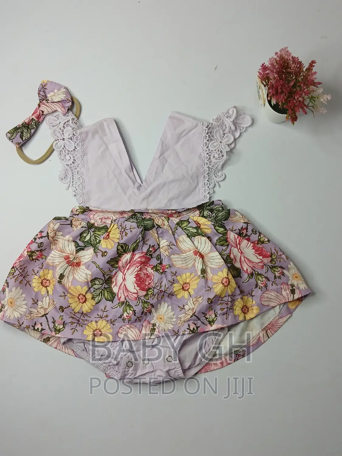 Baby Girl Floral Lace Trim Combo Dress With Headband