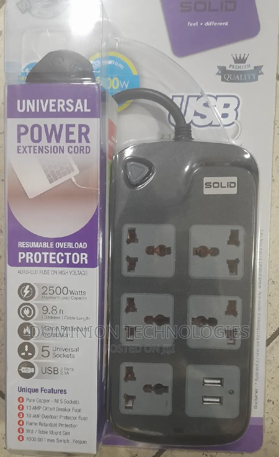 Solid Extension 5socket 2usb 2500w Flame Protector 3m Length