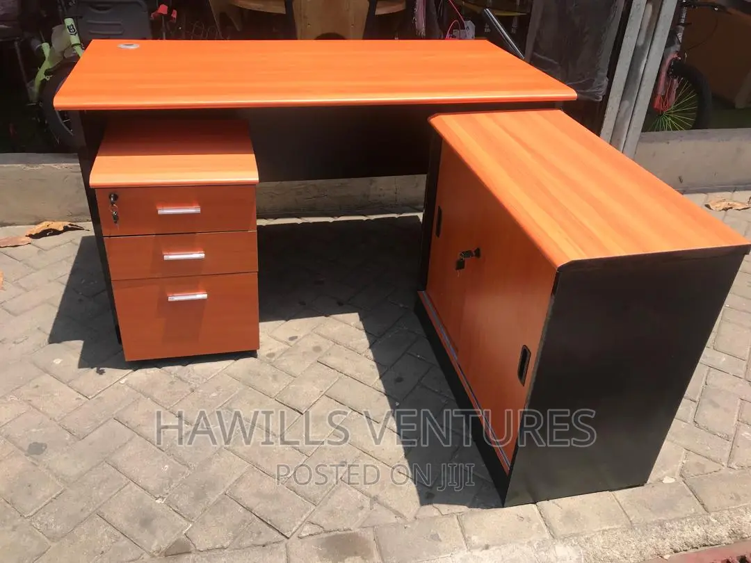 L-Shape Executive Desk With Separate Drawer and Long Cabinet.