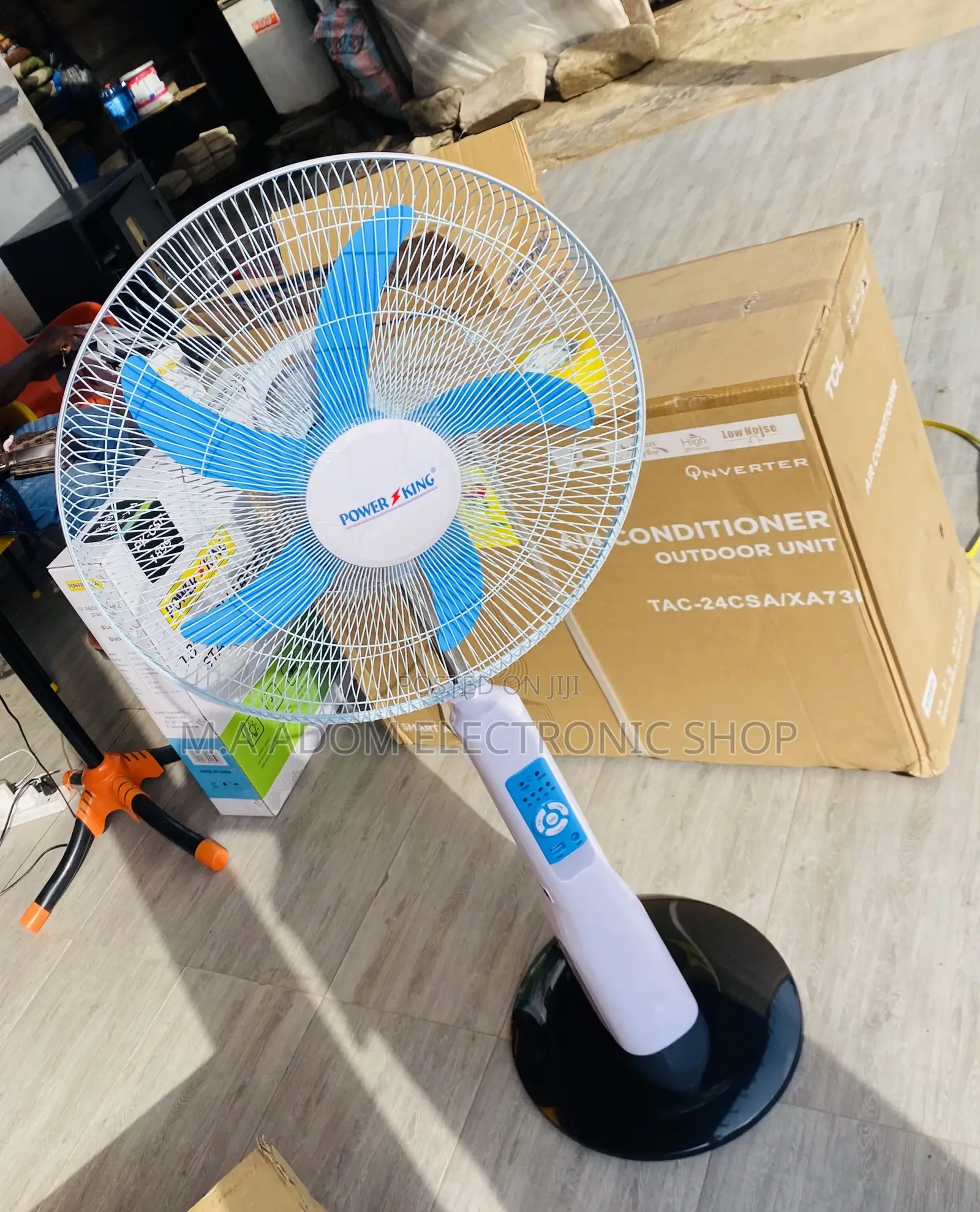 Fresh in Box Power King Rechargeable Standing Fan + Remote.