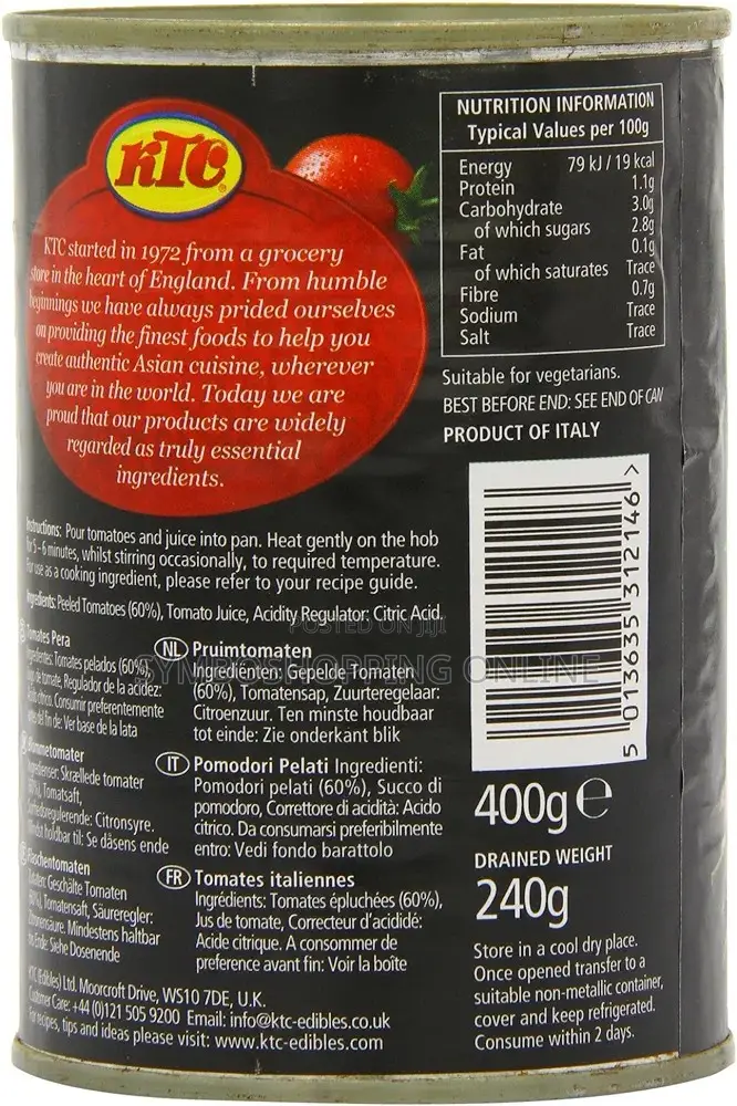 KTC Peeled Plum Tomatoes 400g (255 for Pack of 12)