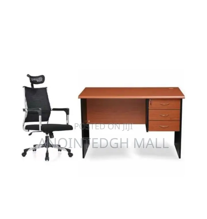 Set of Office Desk With Office Chair Headrest - Brown