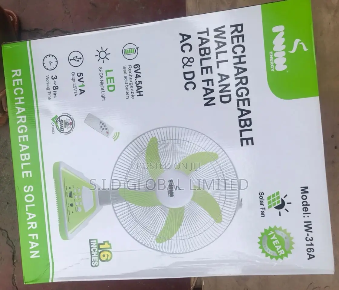 Wall or Table Rechargeable 2-in-1 Fan,Solar, IWIN, USB
