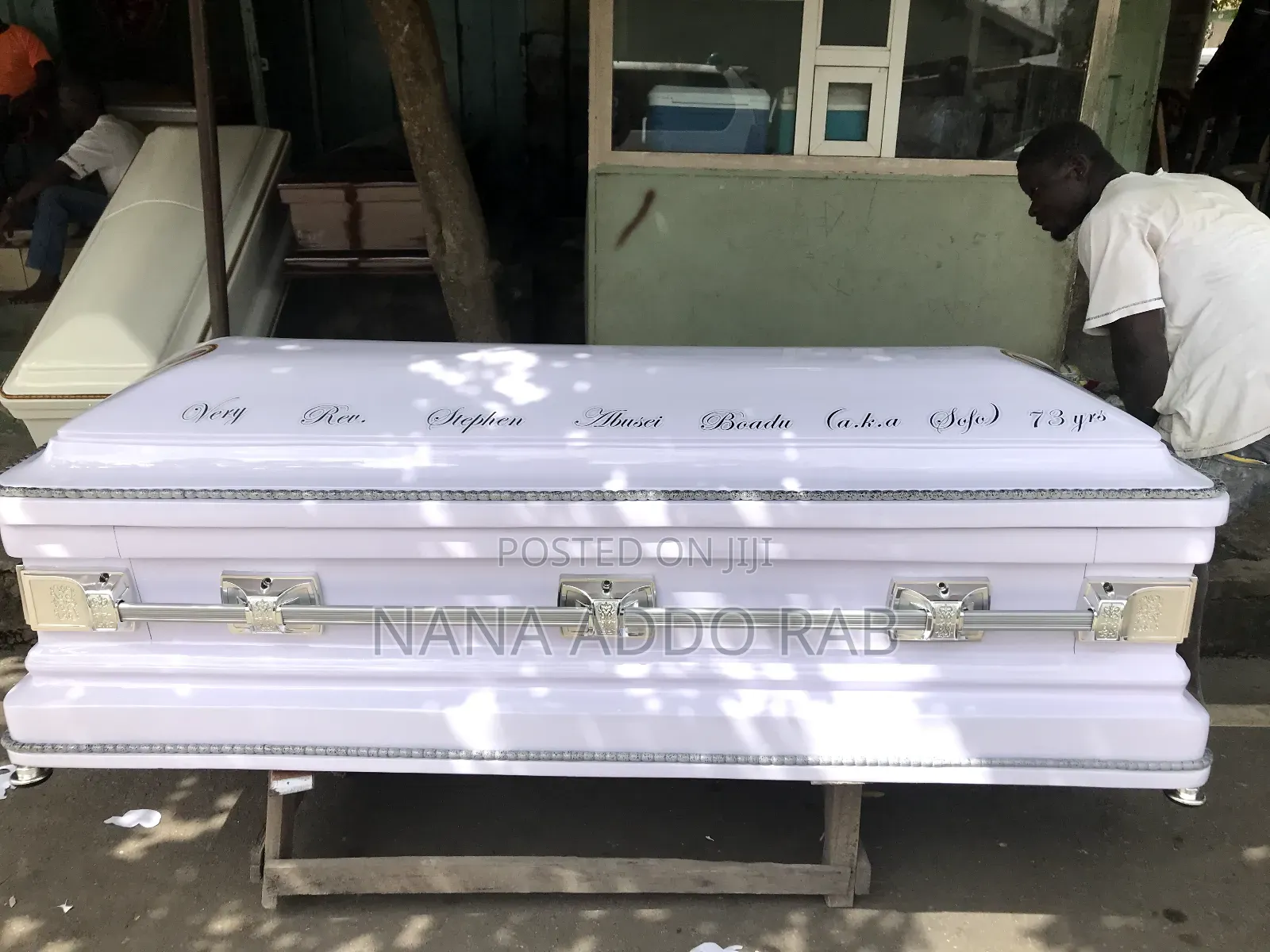All White Casket With Ash Handles. High Finishing Work