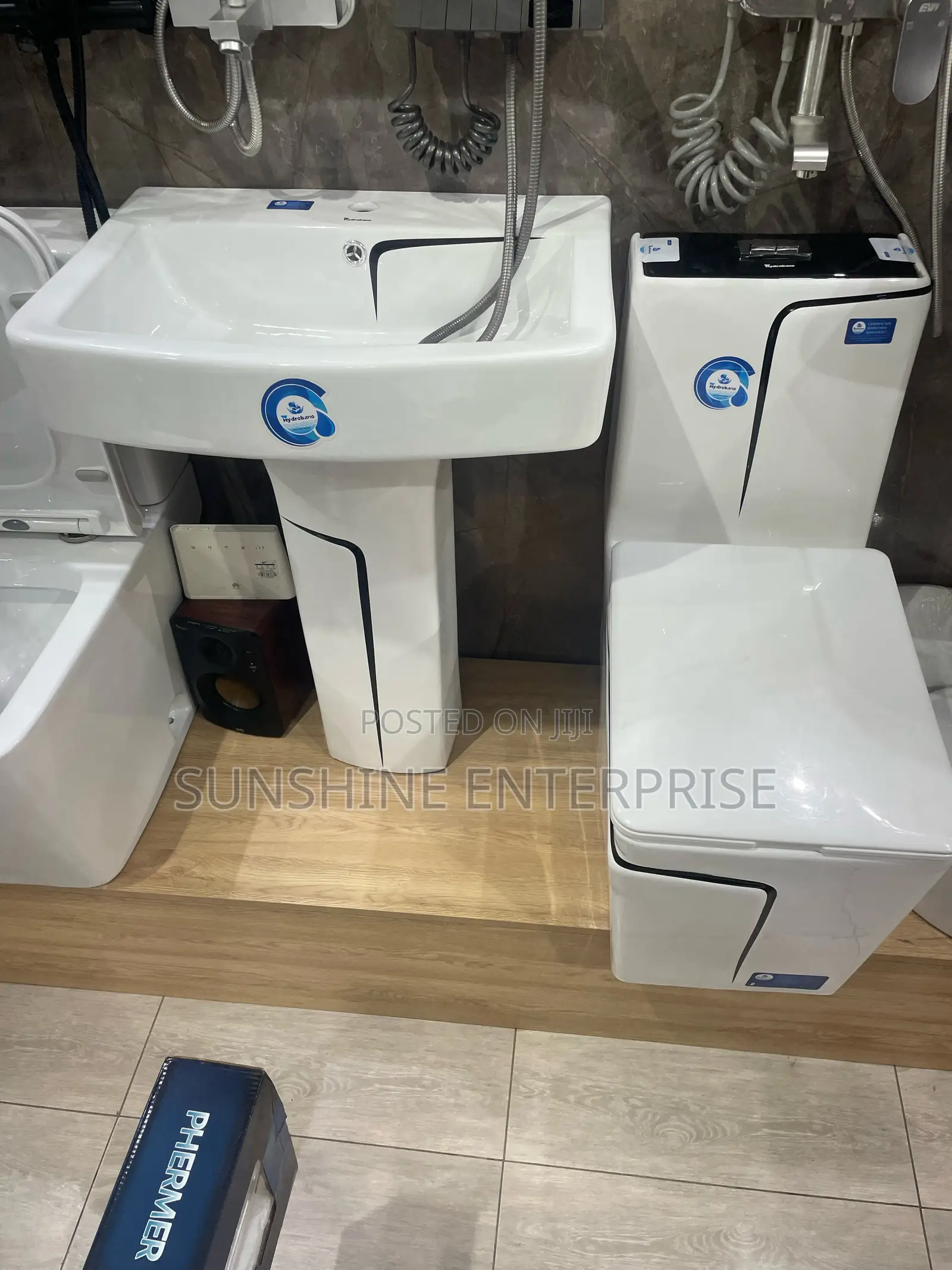 Black and White Water Closet With Wash Hand Basin and Stand
