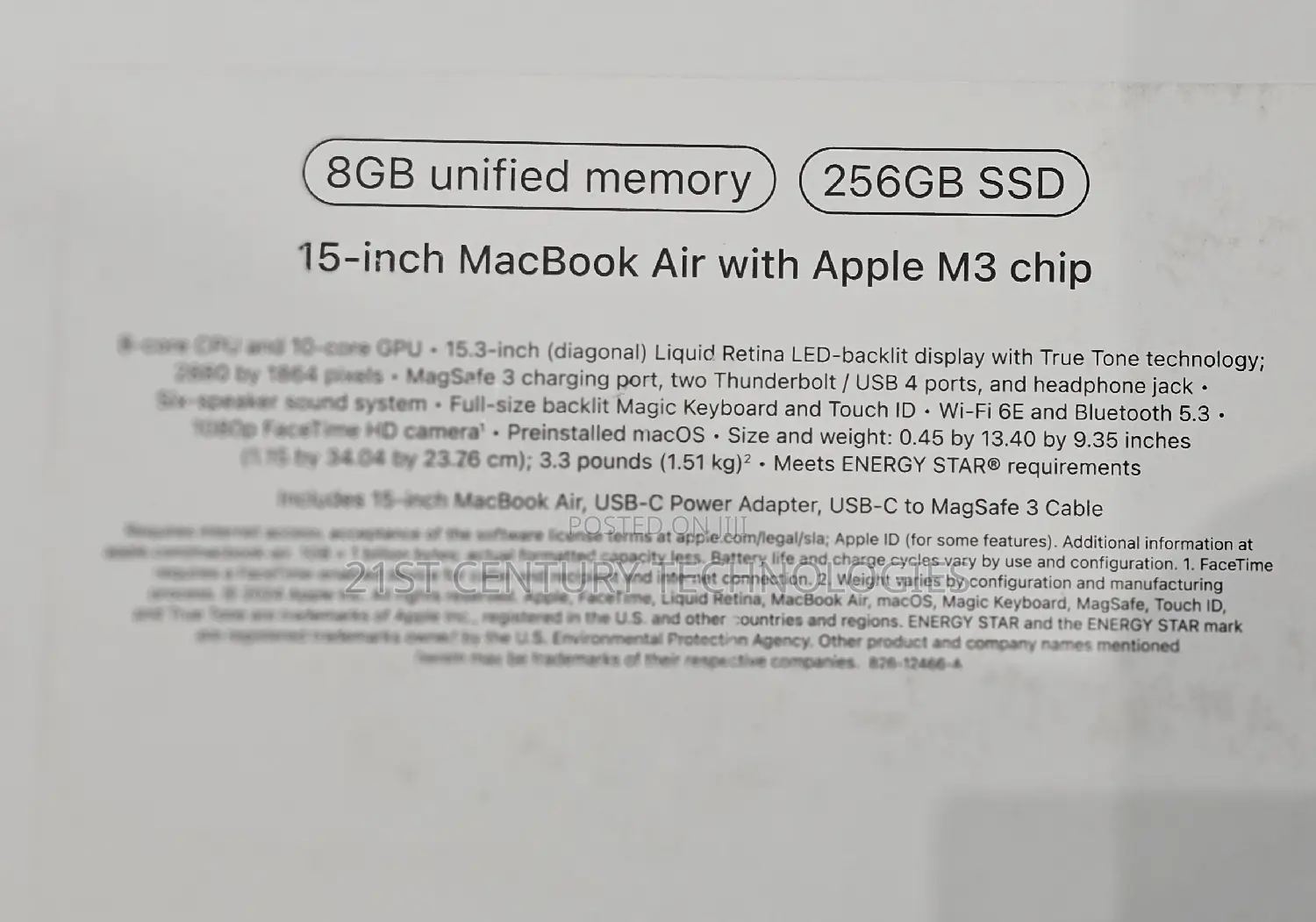 Laptop Apple MacBook Air 2024 M3 15-Inch 8GB Apple M3 SSD 256GB