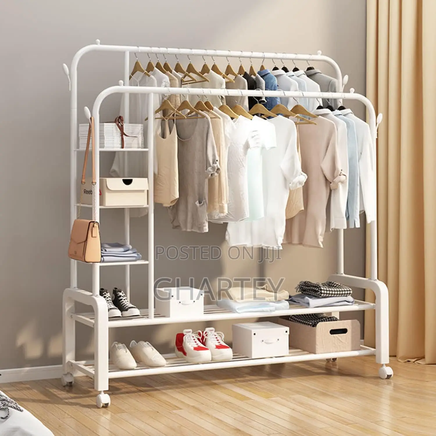 Double Metal Hanging Rail Clothes Rack With Shelves White