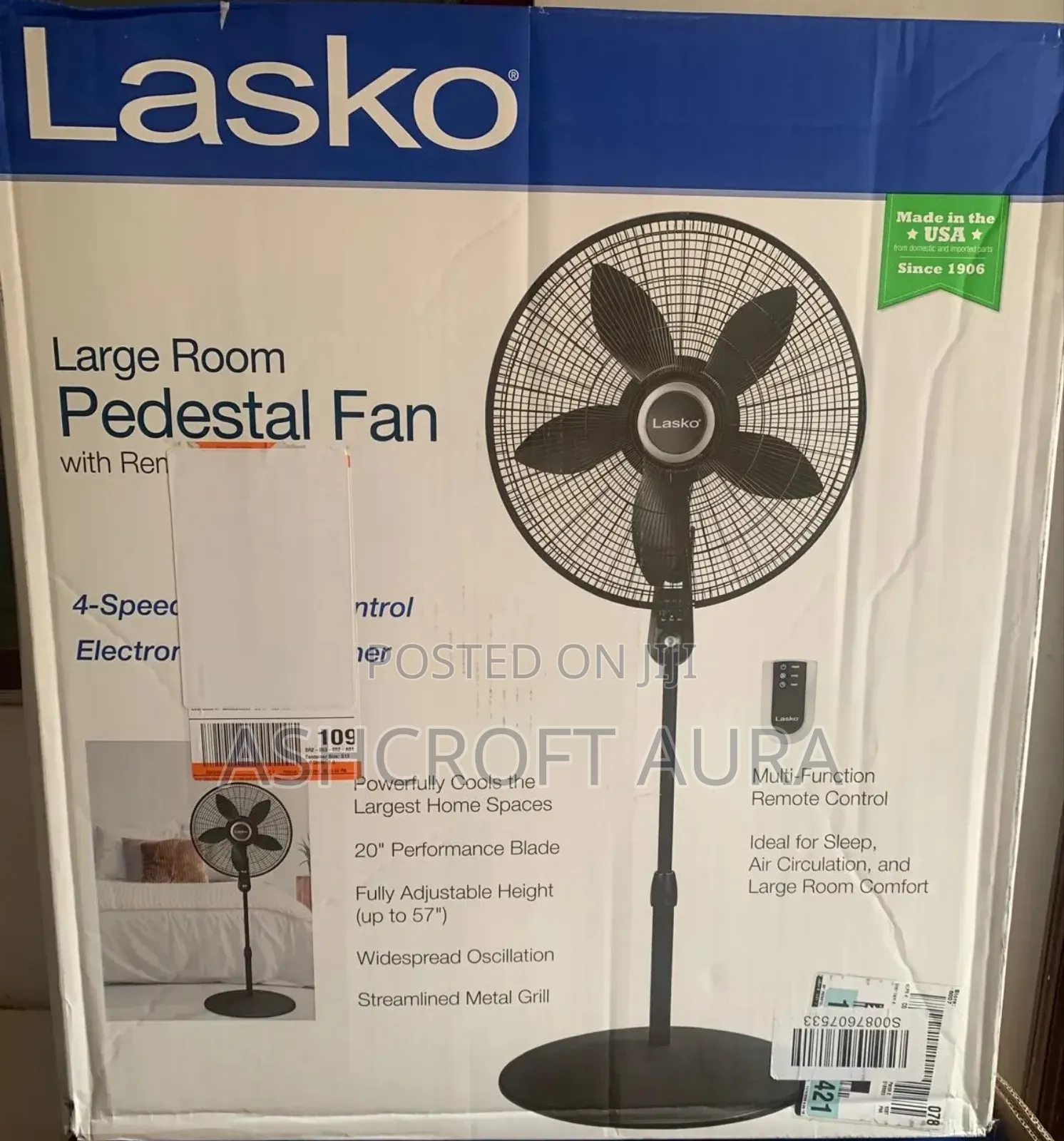 Lasko 20" Oscillating Pedestal Fan, 4 SPD Remote Control 57"