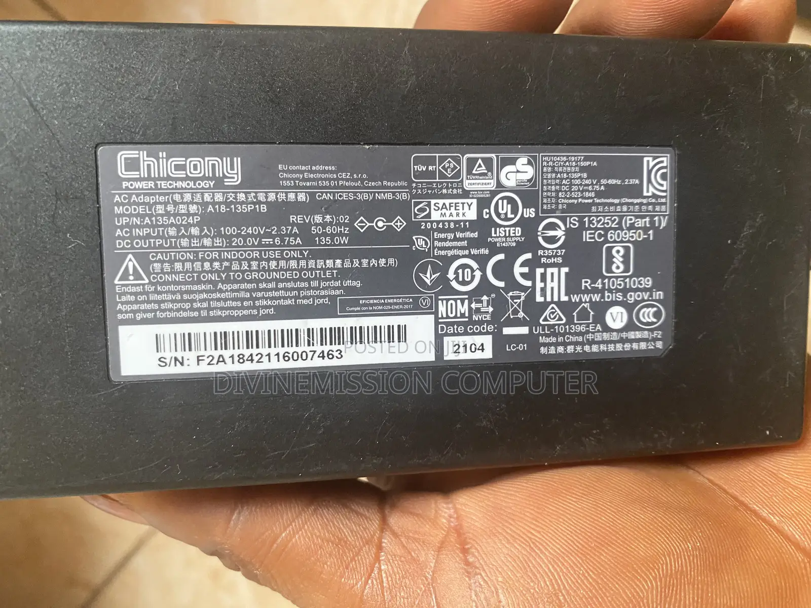Original Chicony AC Adapter 20v=6.75A, 135w