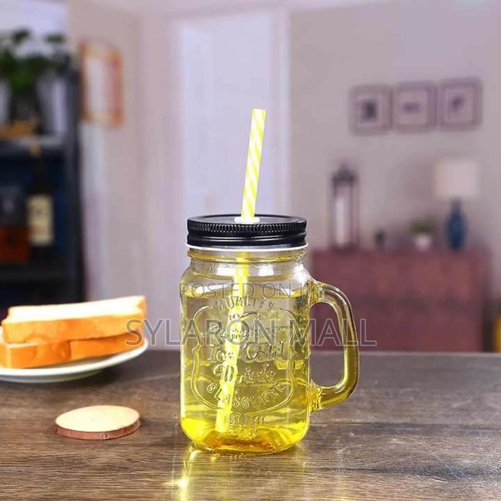Glass Jar With Straw and Lid