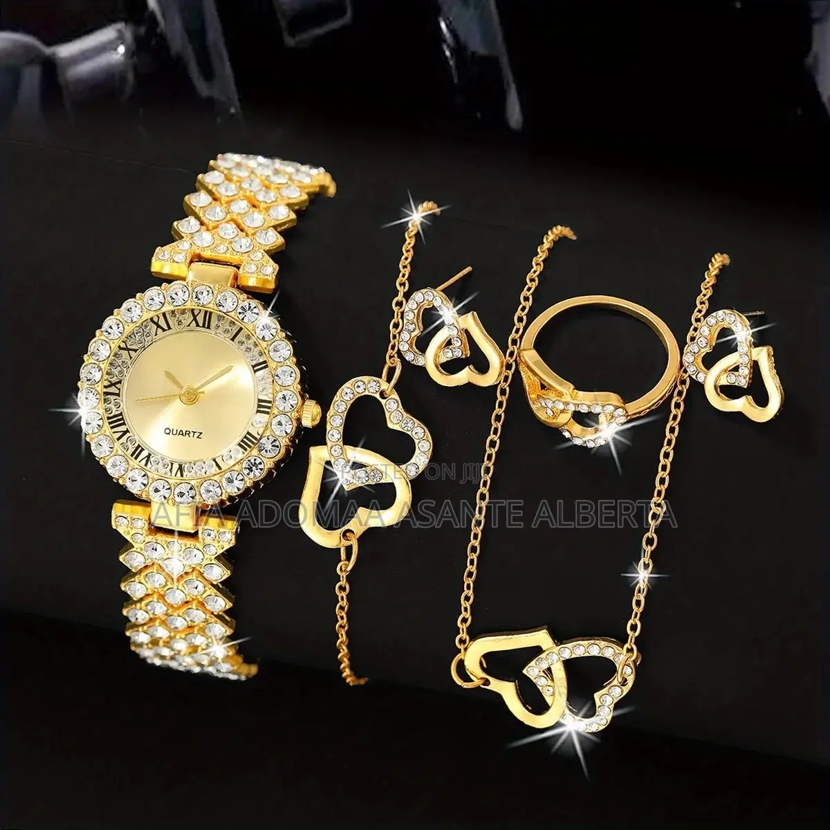 6pieces Rhinestone Jewelry Set(Watch,Bracelet,Ring,Earrings)