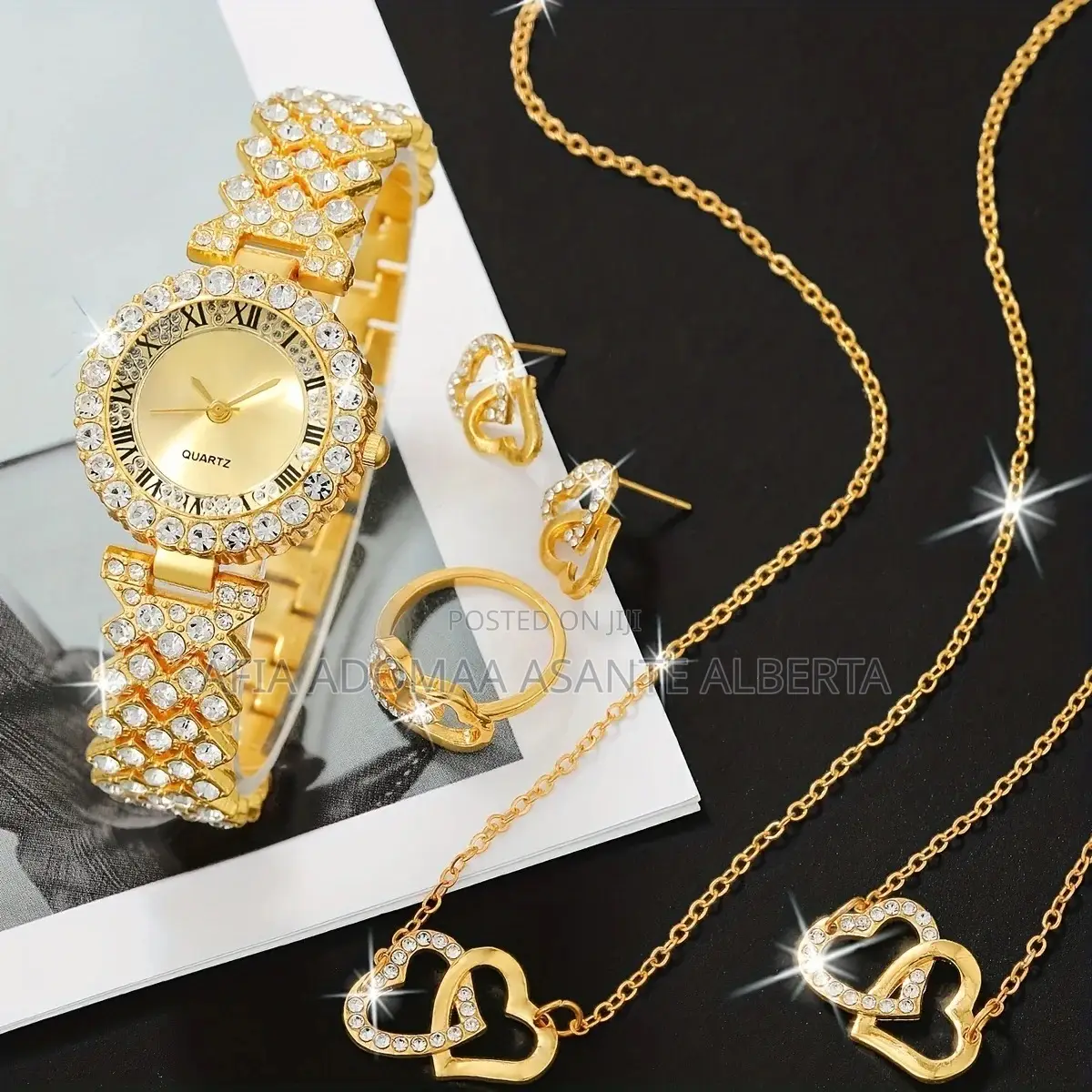6pieces Rhinestone Jewelry Set(Watch,Bracelet,Ring,Earrings)