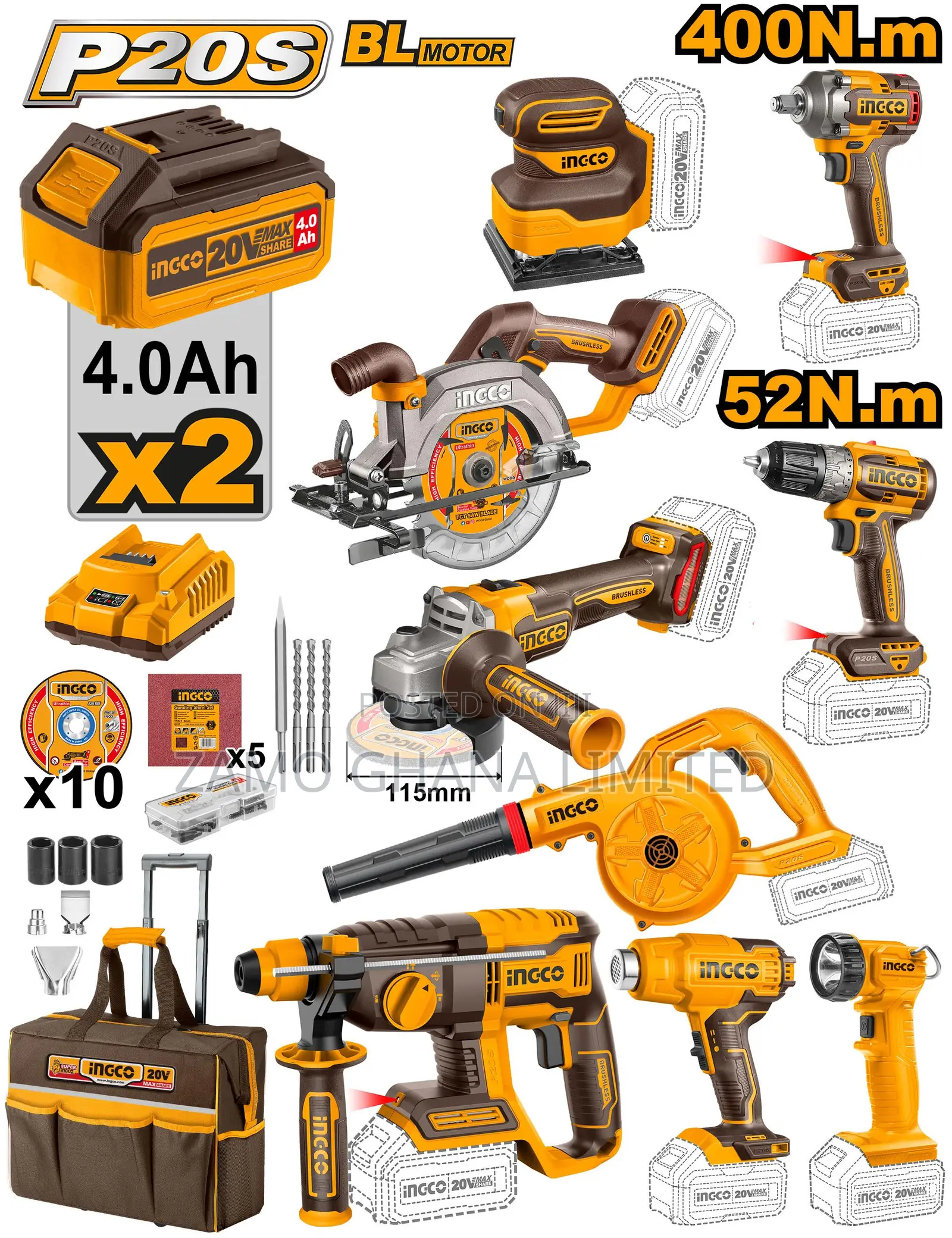 Ingco 9 PCS Cordless Industrial Combo Kit 20v - Ckli2098