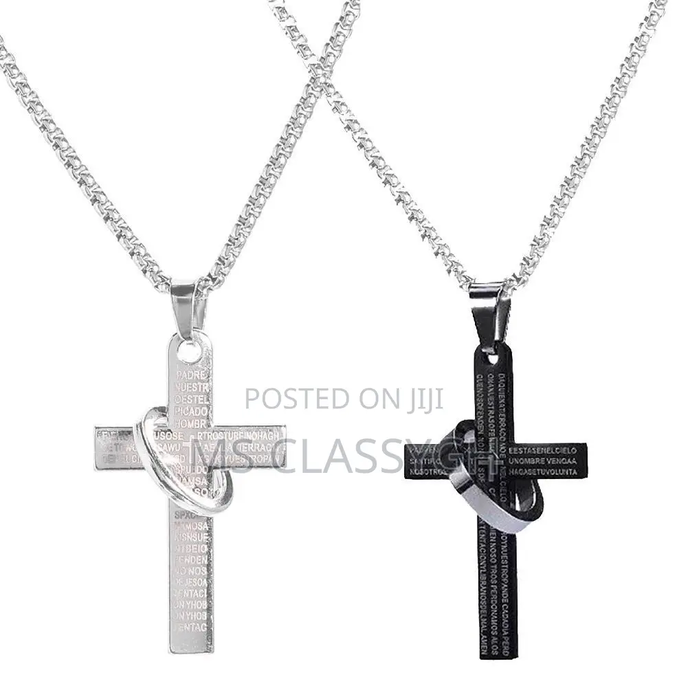 Retro Christian Titanium Scripture Cross Necklace Men Boys S