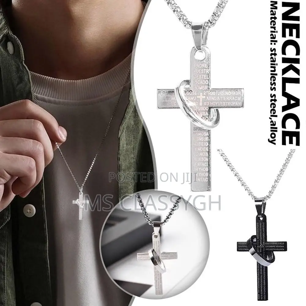 Retro Christian Titanium Scripture Cross Necklace Men Boys S