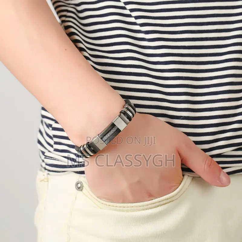 Mens Stainless Steel Bracelet Silicone Black Wristband Punk