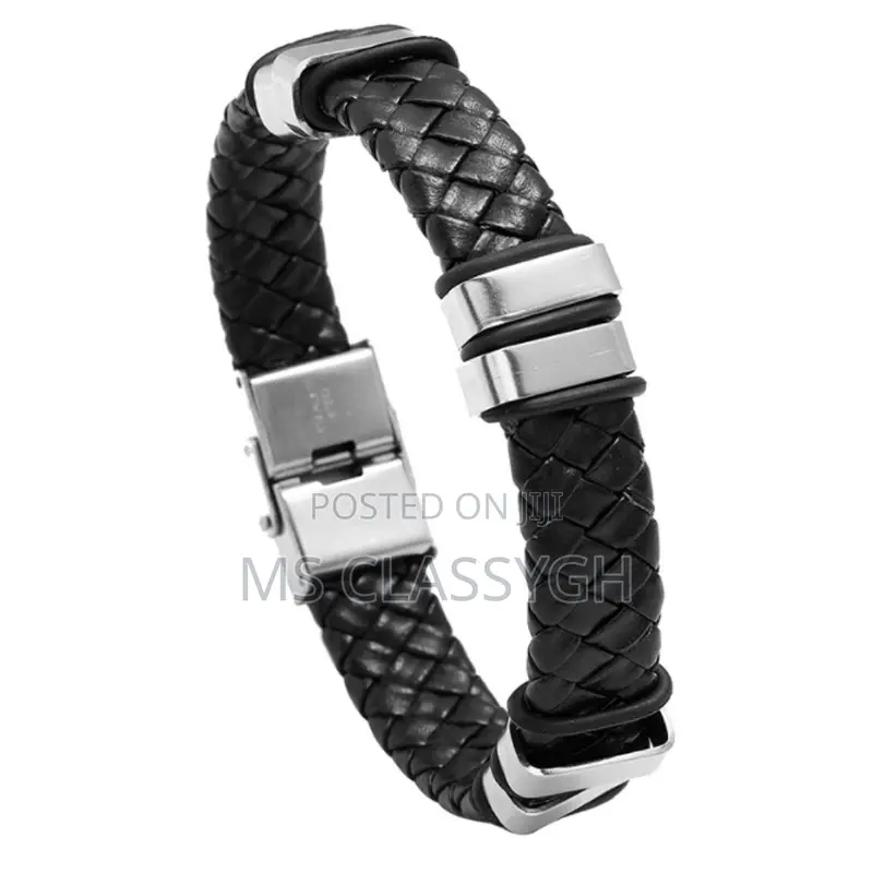 Black Weave Pu Leather Bangle Bracelet Charm Jewelry for Men