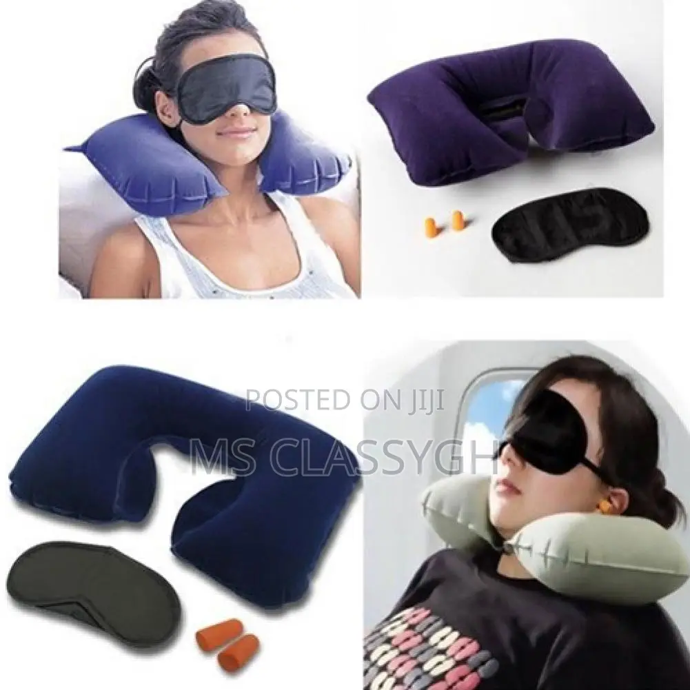 Inflatable Travel Flight Pillow Neck U Rest Air Cushion+ Eye