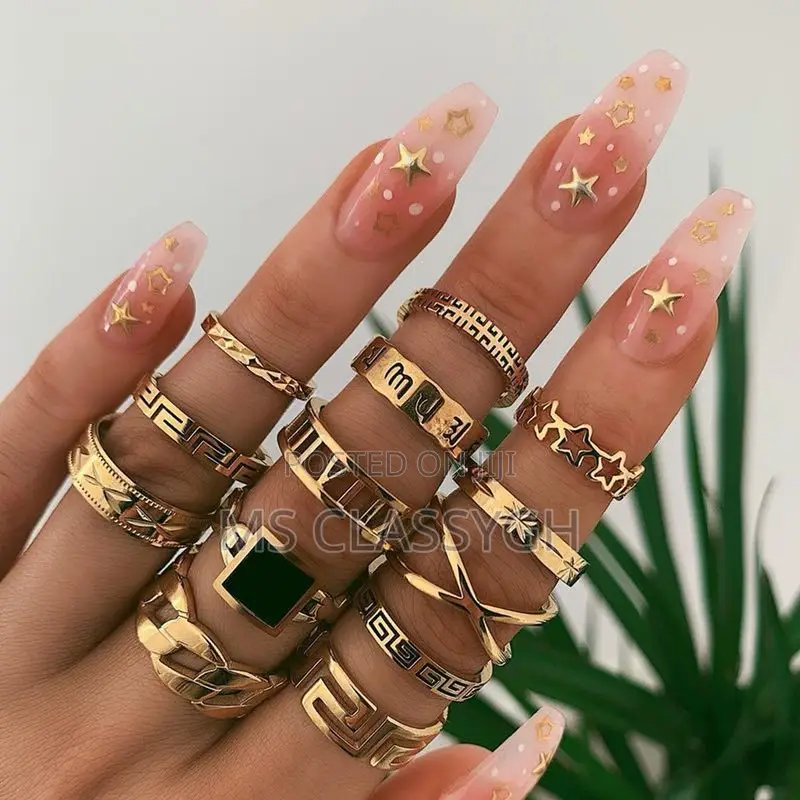 13pcs Exaggerated Punk Style Metal Ring Star Black Rin