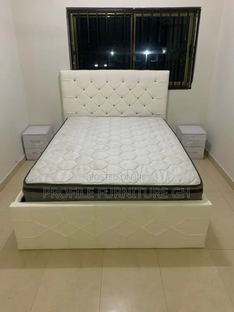 Available White Bed Frame With Mattress And Two Side Drawers