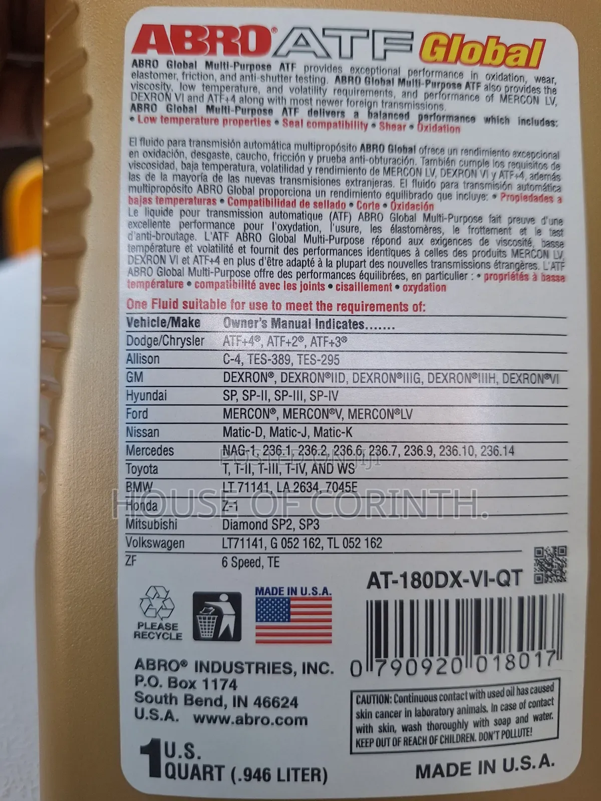 ATF Dexron 6 Transmission Oil. Synthetic. ABRO-USA Global 1L