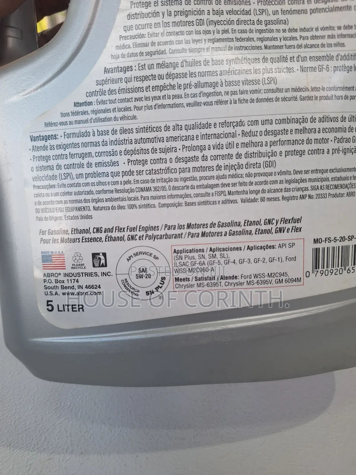 5W20 Synthetic Engine Oil. ABRO-USA 5L