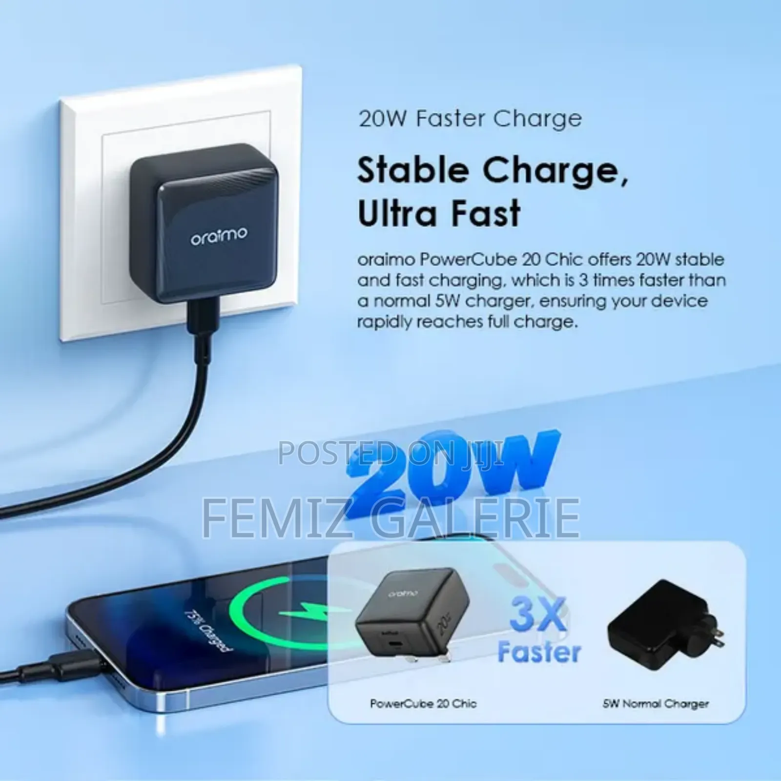 Oraimo 20w Powercube Charger + C-to-C/C-to-Lightning Cable
