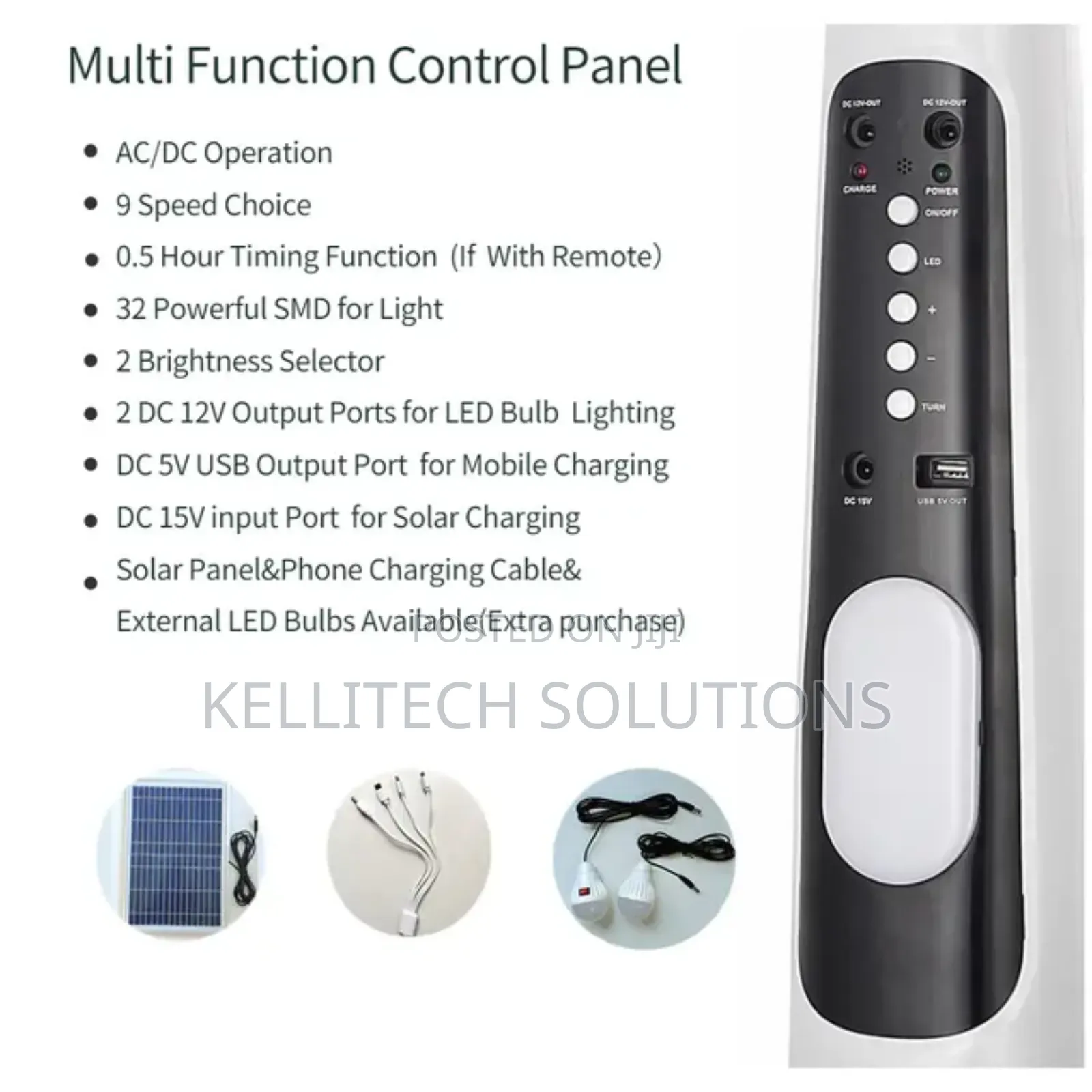 9-Speed Solar Rechargeable Fan With Bulbs and Remote