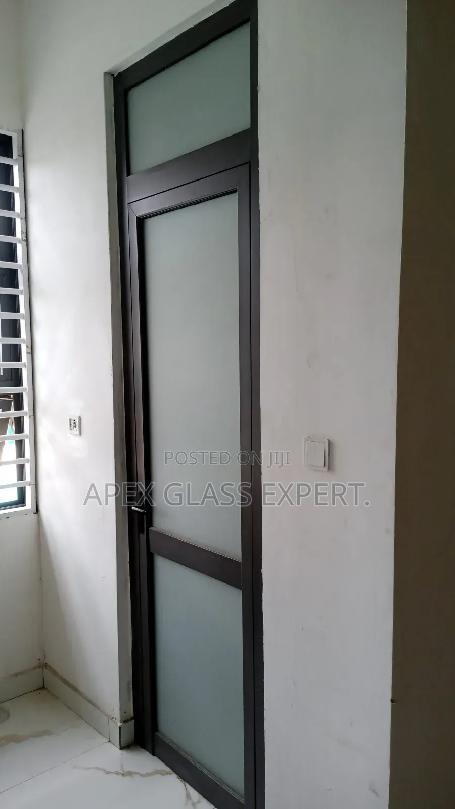 Grey Colour Hinge Door With Frosted Glass by Apexglassexpert