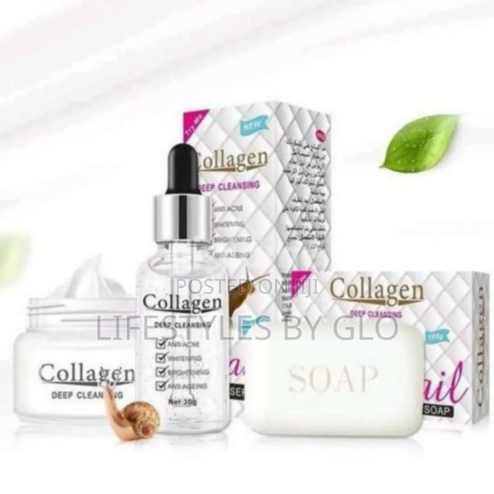 Snail Collagen Face Cream, Serum Soap Anti-Aging Anti-Acne 5pcs Set