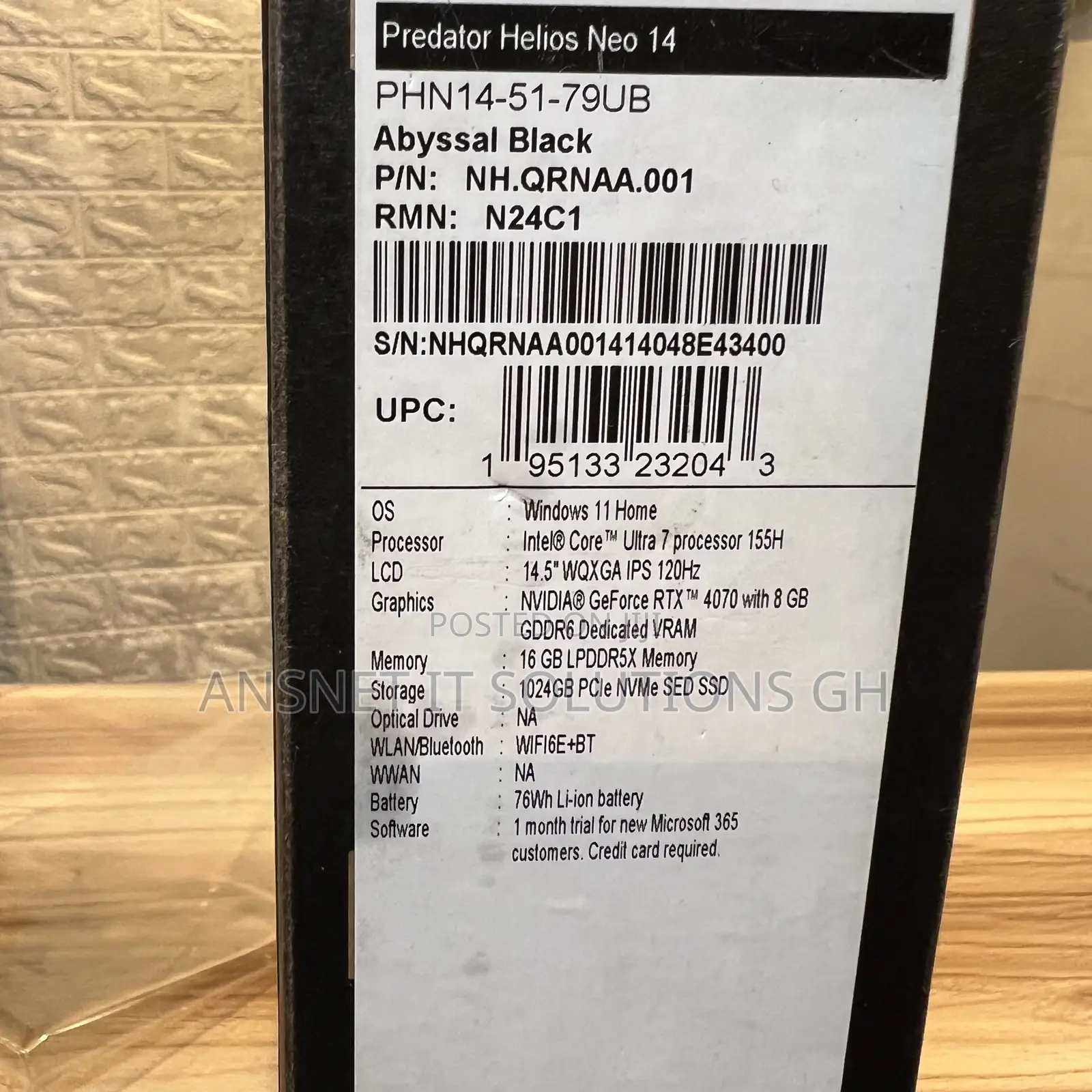 New Laptop Acer Predator Helios Neo 16 16GB Intel Core Ultra 7 SSD 1T