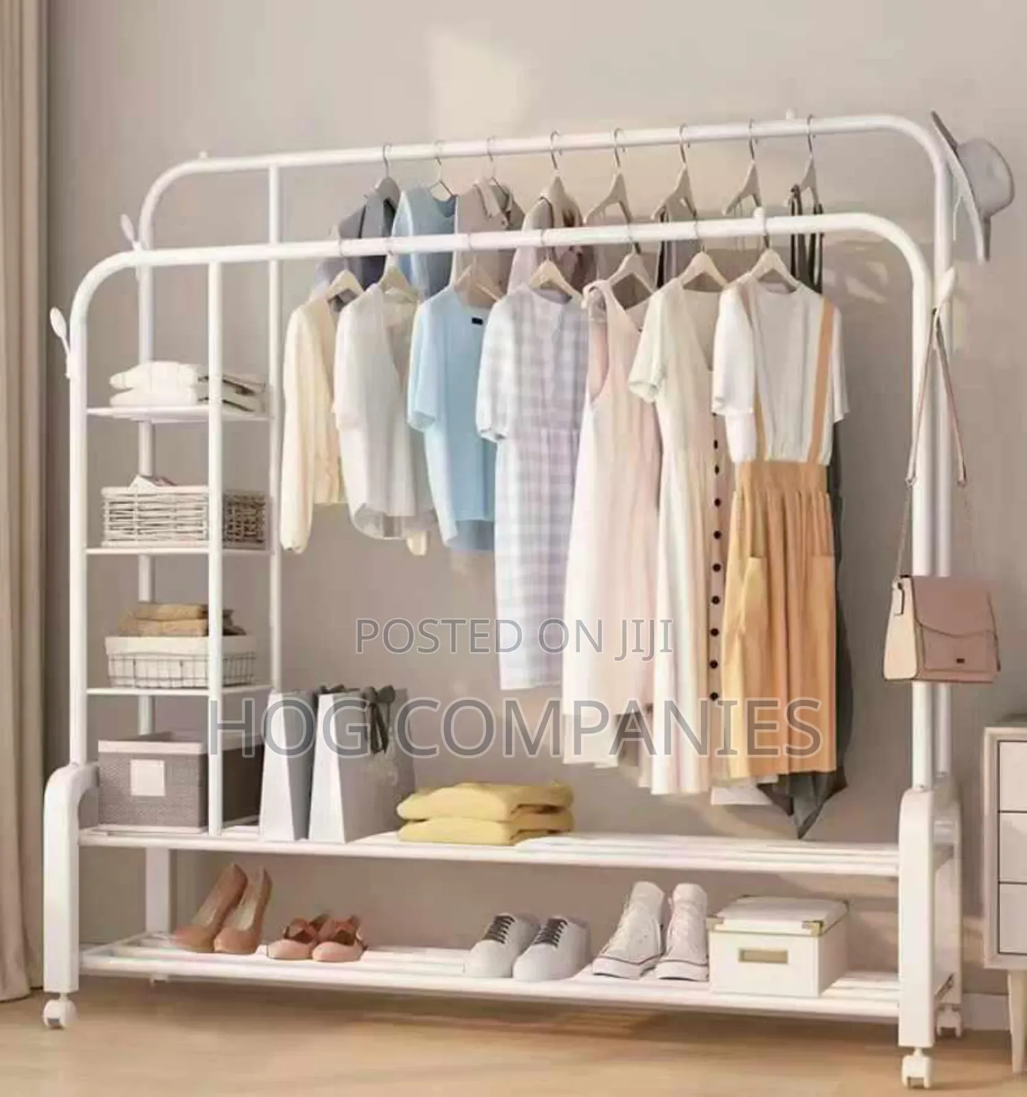 Double Metal Hanger Trolley Shelves Clothing Wardrobe Rack