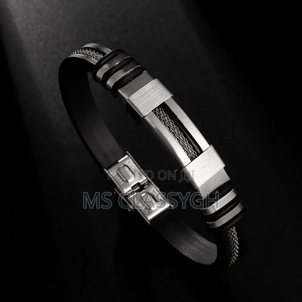 Mens Stainless Steel Bracelet Silicone Black Wristband Punk
