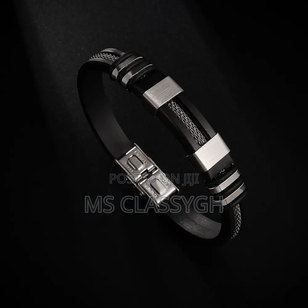 Mens Stainless Steel Bracelet Silicone Black Wristband Punk