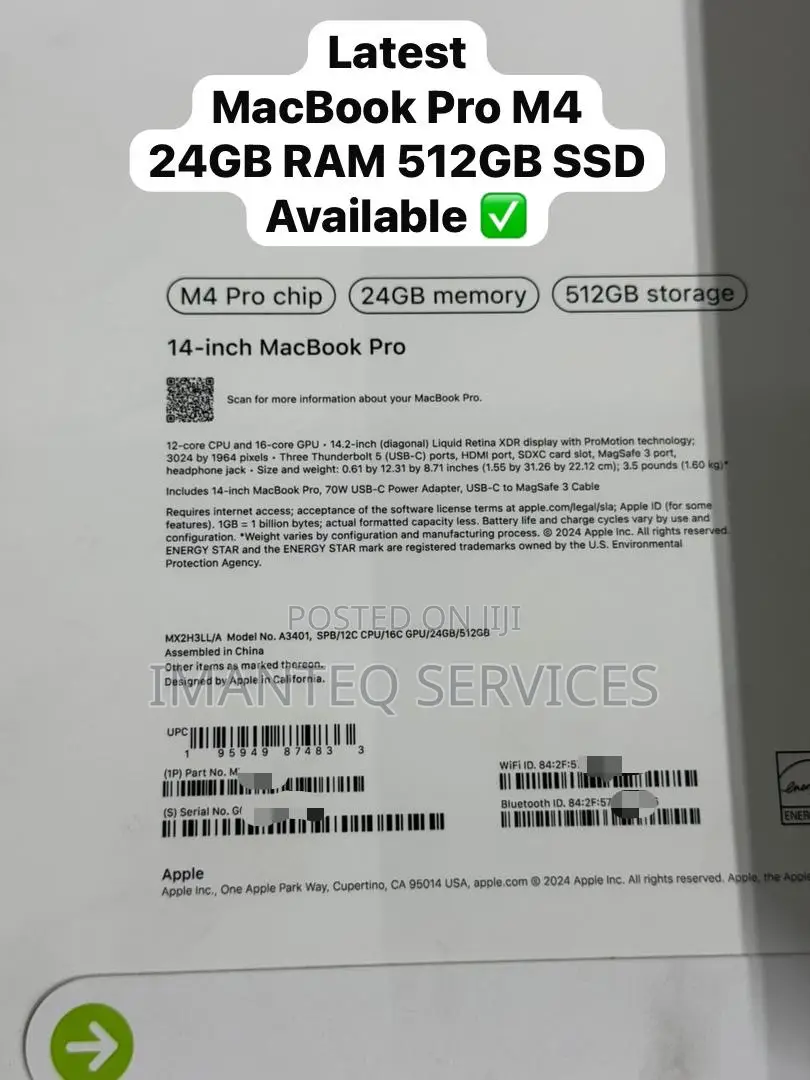New Laptop Apple MacBook Pro 2024 M4 14-Inch 24GB SSD 512GB