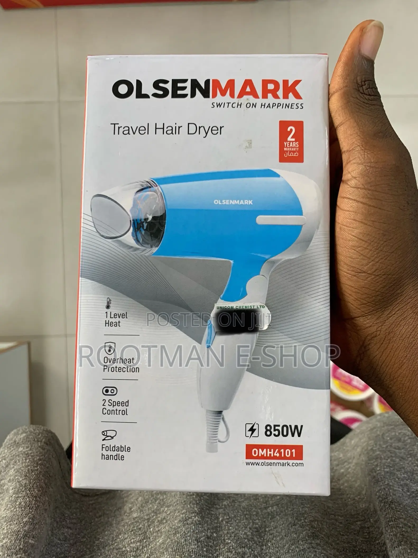 850 W Travel Hair Dryer With Foldable Handle,2 Speed Control