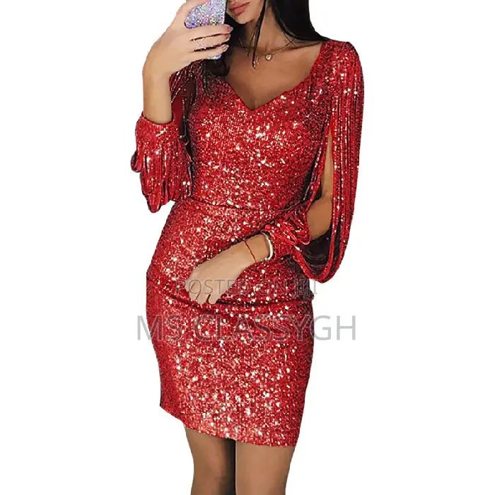 Sexy Sequin Tassel Long Sleeve Hip Dress