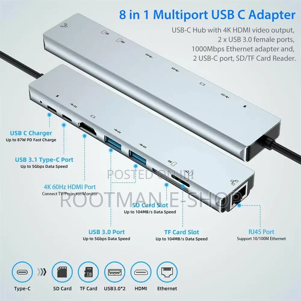 8in1 Multiport Usb 3.0 Type C to Usb-C Hub Adapter