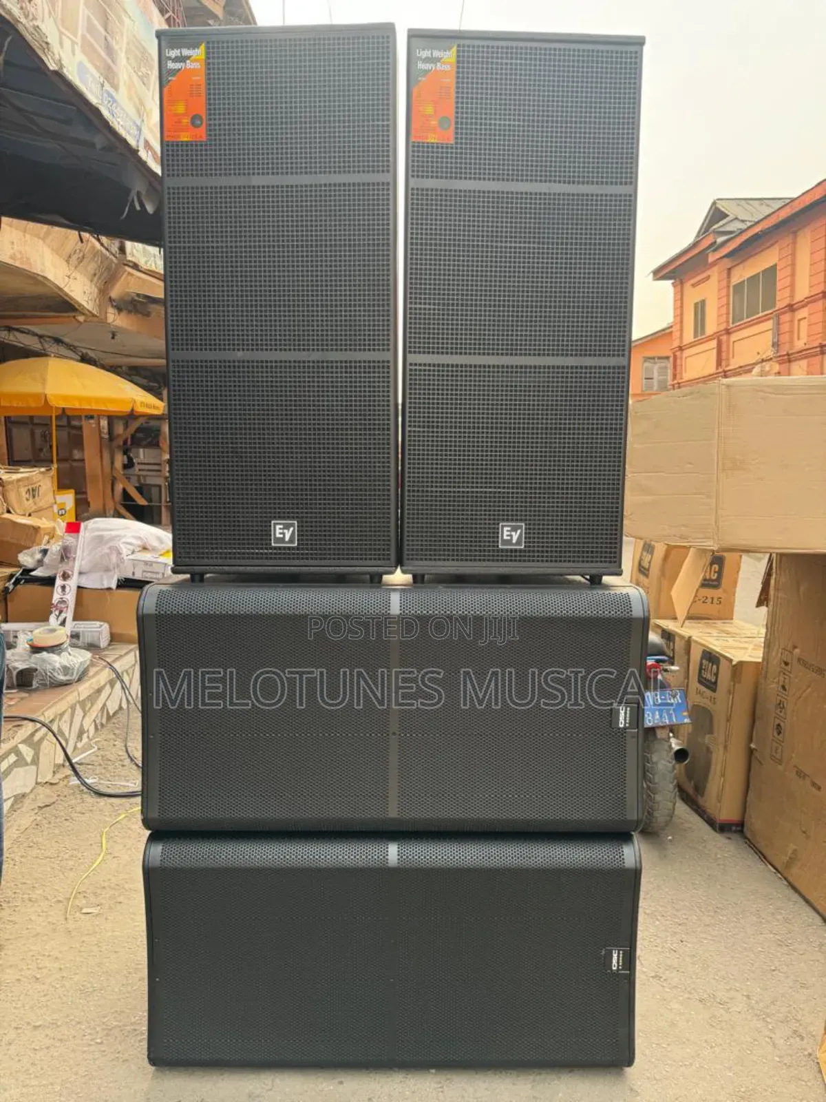 Full Set of Ev Mid and QSC Bass Speakers With Amp Rack