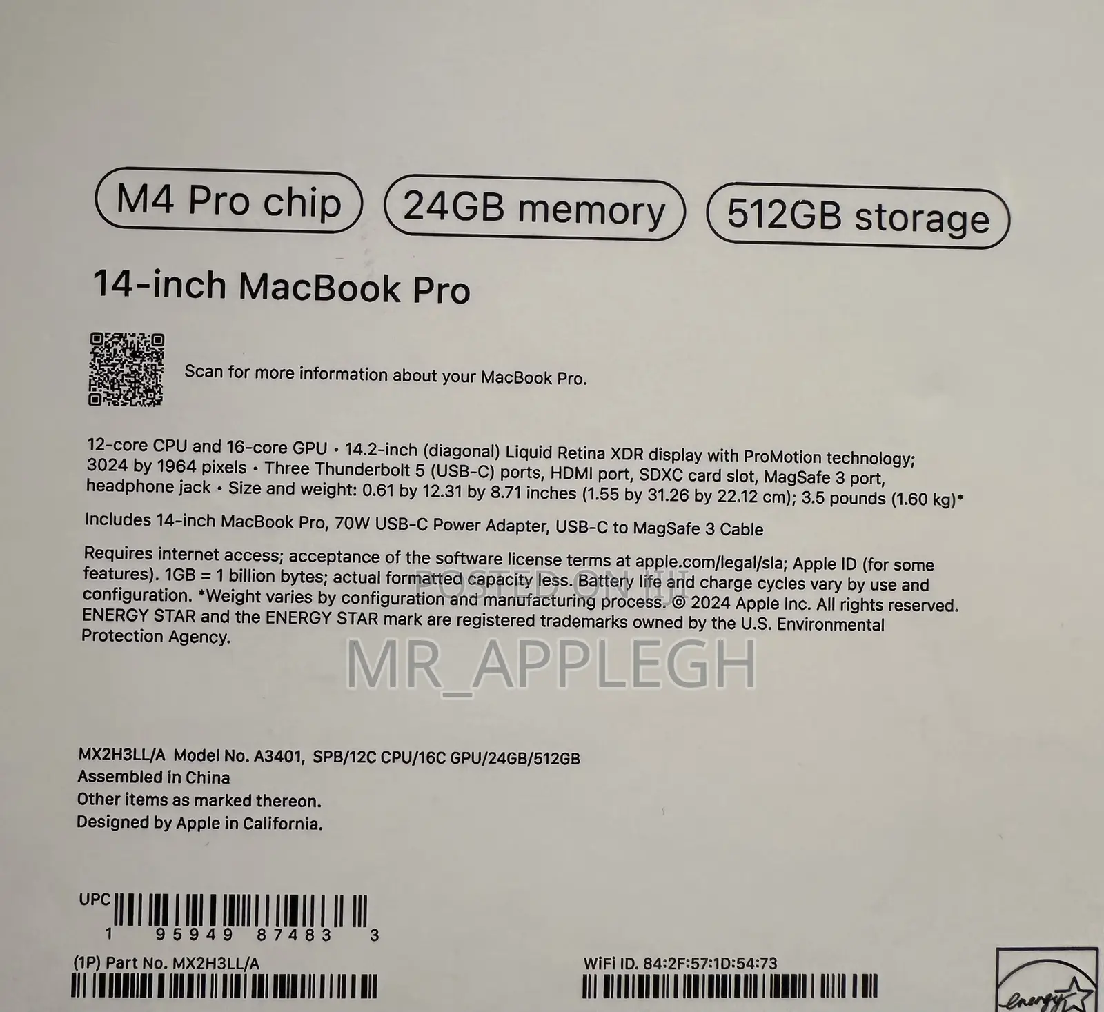 New Apple MacBook Pro 2024 M4 14-inch 24GB Apple M4 Pro SSD 512GB