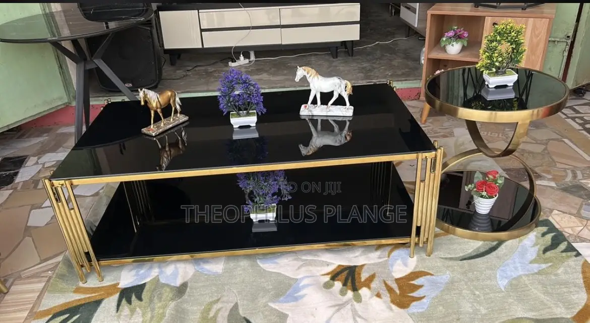 Glass Center Table With Side Table Set ( Black and Gold )