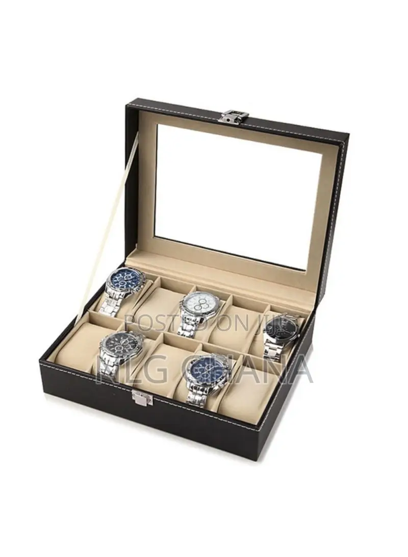 10 Compartments Watch Organizer Box PU Leather Glass Top Dis