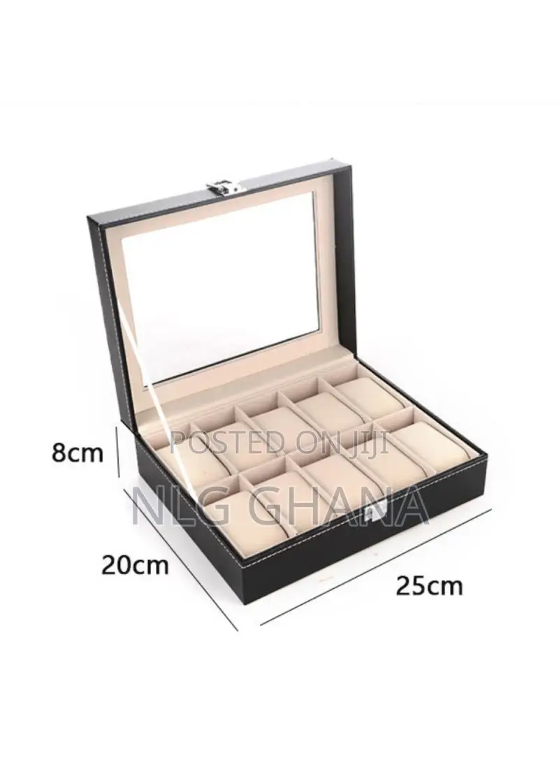 10 Compartments Watch Organizer Box PU Leather Glass Top Dis