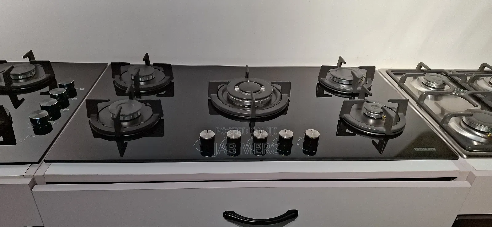 90cm Save Big Promo Gas Cooker 5 Burner Inbuilt Cast Iron Glass Black