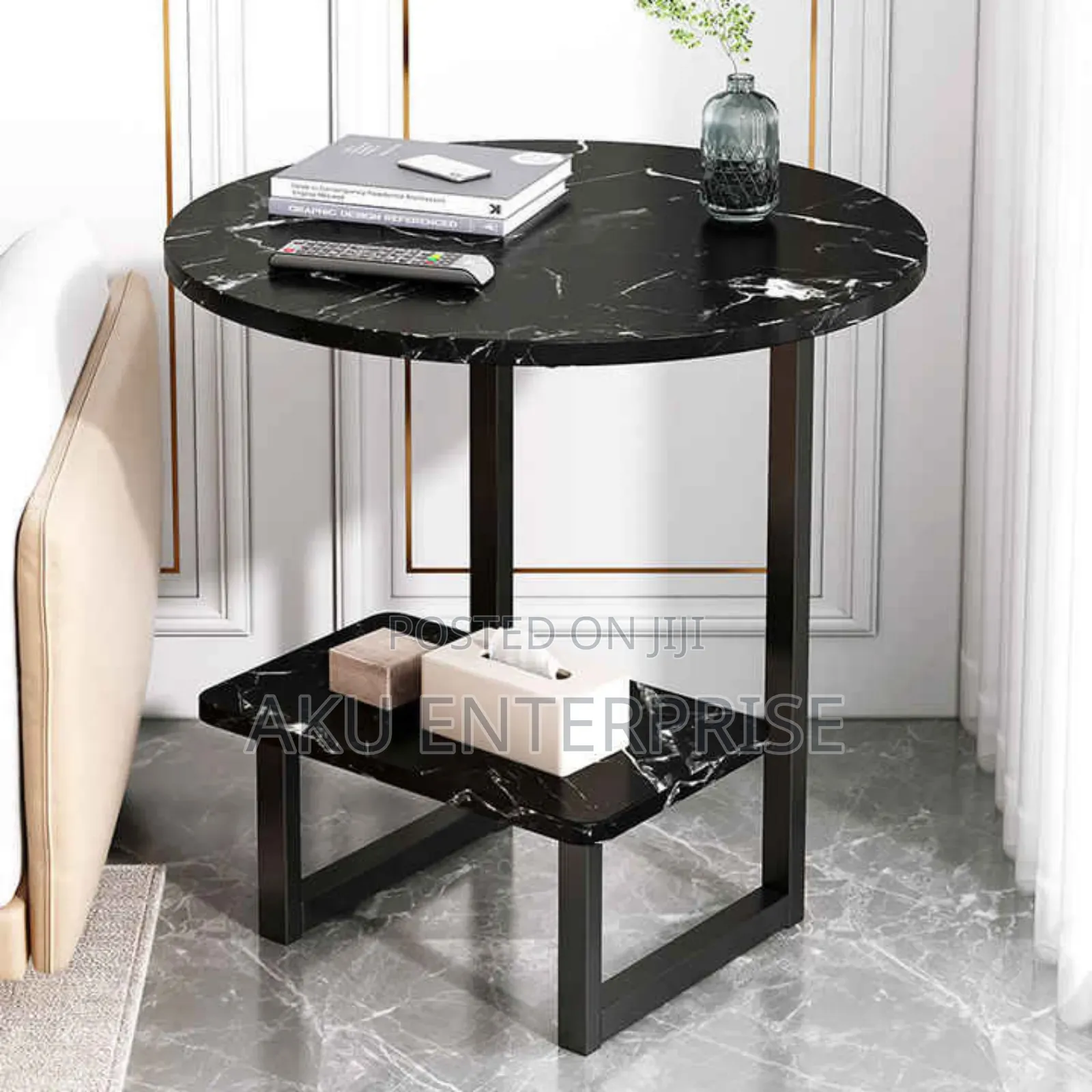 Wood Sofa Side Table Black Marble Texture Coffee Tables