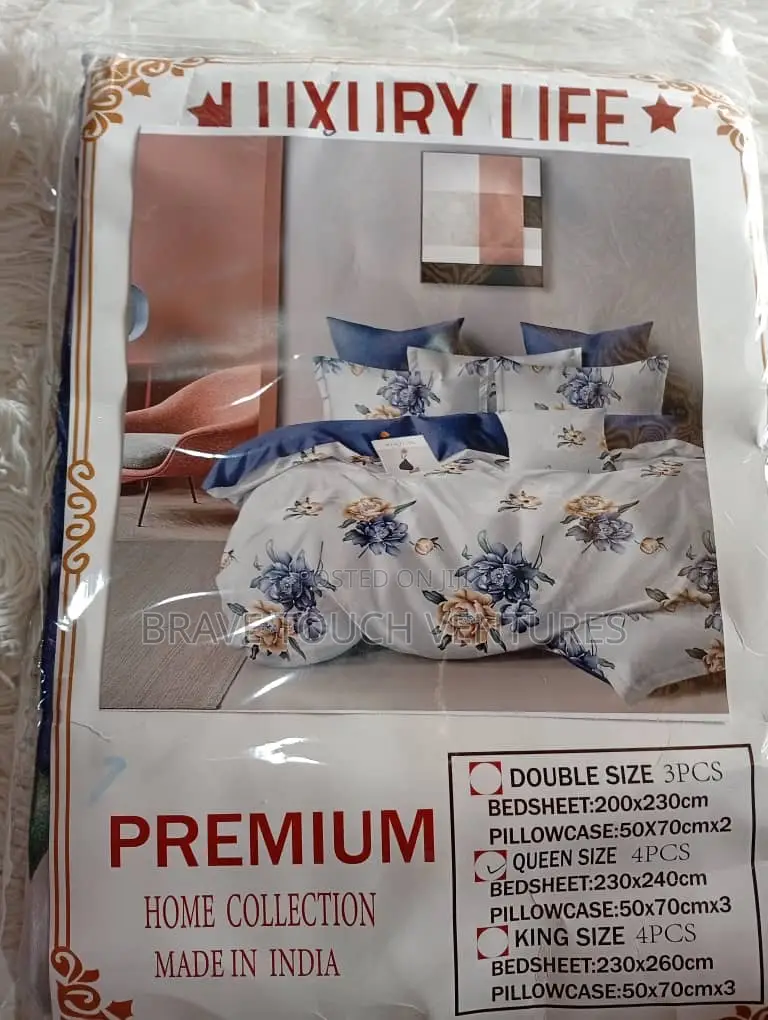 Queen Size Bedsheet With 3 Pillow Cases- Blue/Cream/Yellow