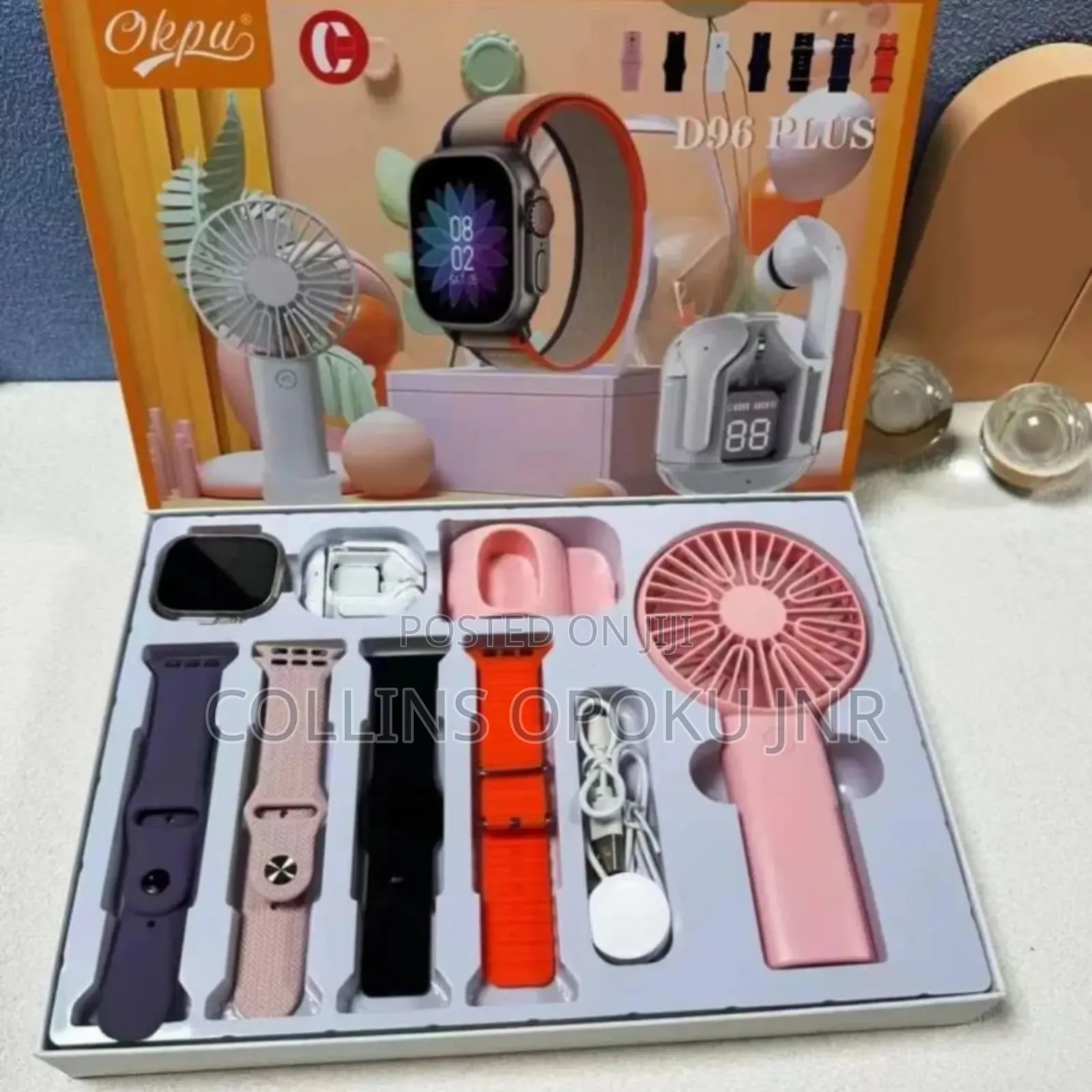 7-in-1 Ultra D96 Plus Smart Watch Earphone With 1 Fan-Pink